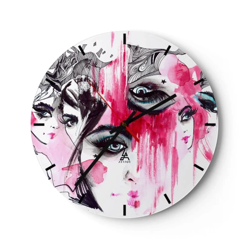 Orologio da parete - Orologio in Vetro - Ritratti femminili astratti in rosa e nero - 30x30cm - Occhi astratti - Decorazione murale moderna per soggiorno, cucina e camera da letto ARTTOR