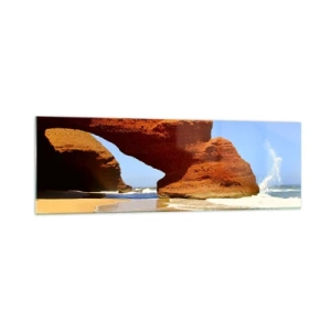 Quadro su vetro - Un arco di roccia naturale su una spiaggia con cielo azzurro e onde - 160x50cm - Migliaia di anni di acqua e vento - Decorazione murale moderna per soggiorno e camera da letto ARTTOR