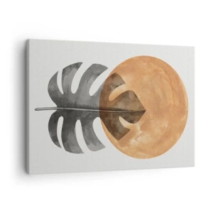 Quadro su tela - Stampe su Tela - Foglia di monstera e cerchio dorato su sfondo chiaro - 70x50cm - Sempre il sole - Decorazione murale moderna per soggiorno e camera da letto ARTTOR