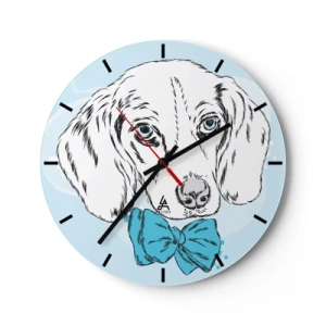 Orologio da parete - Orologio in Vetro - Disegno artistico di un cane con un papillon blu su uno sfondo chiaro - 30x30cm - Eleganza canina - Decorazione murale moderna per soggiorno, cucina e camera da letto ARTTOR