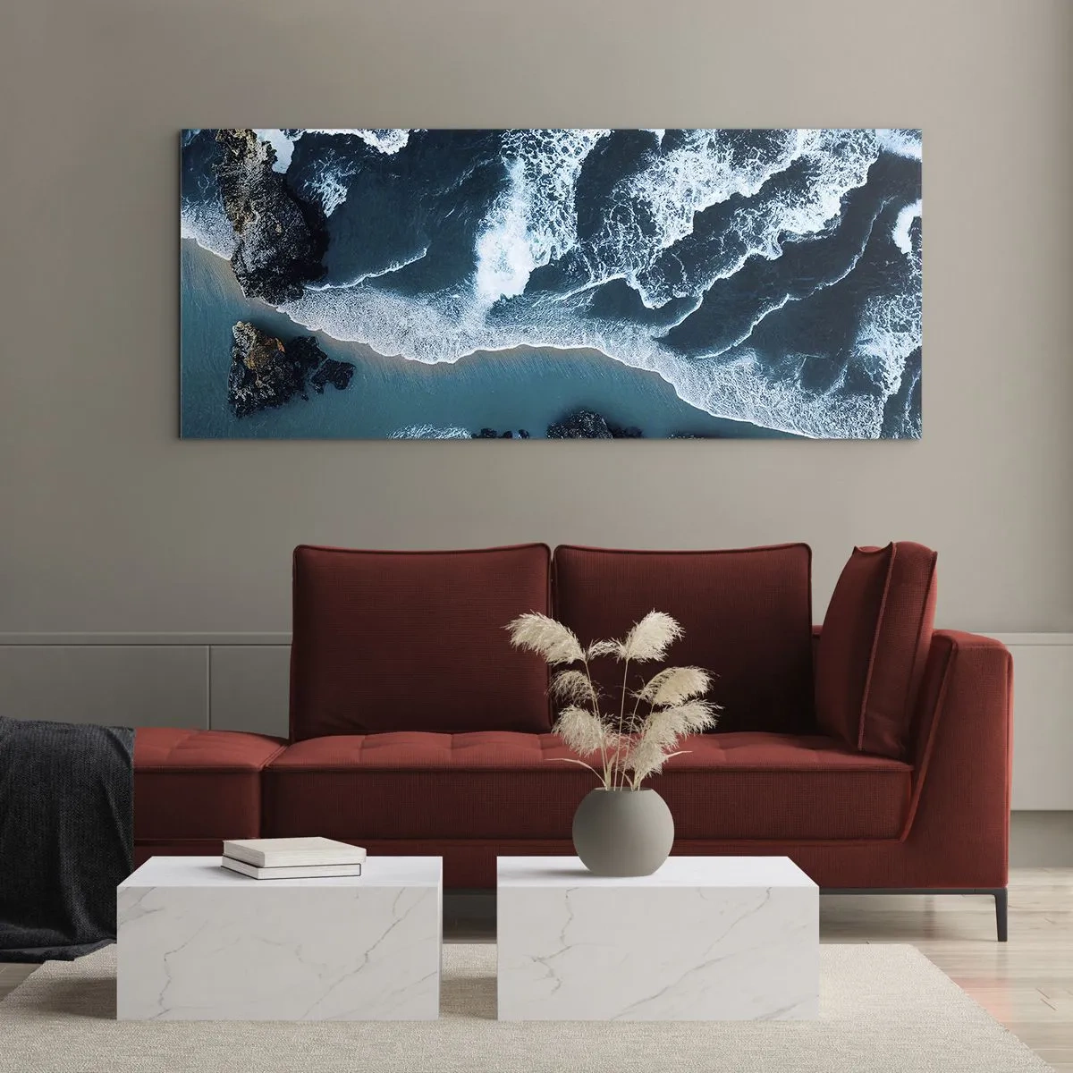 Quadro su vetro - Vista aerea delle onde che si infrangono sulla riva - 140x50cm - Avvolte dalle onde - Decorazione murale moderna per soggiorno e camera da letto ARTTOR