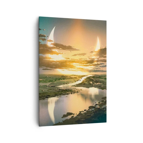 Quadro su tela - Stampe su Tela - Un paesaggio fantastico con due lune all'orizzonte - 70x100cm - Da qualche parte in una galassia lontana - Decorazione murale moderna per soggiorno e camera da letto ARTTOR