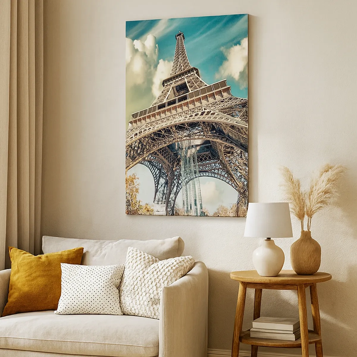 Quadro su tela - Stampe su Tela - La Torre Eiffel dal basso in un ambiente autunnale - 50x70cm - L'autunno a Parigi... - Decorazione murale moderna per soggiorno e camera da letto ARTTOR