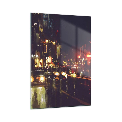 Quadro su vetro - Paesaggio notturno della città con auto e lampioni - 50x70cm - Immersa nelle luci della notte - Decorazione murale moderna per soggiorno e camera da letto ARTTOR