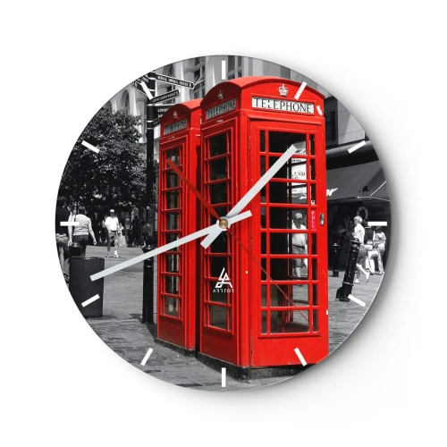 Orologio da parete - Orologio in Vetro - Cabine telefoniche rosse sullo sfondo della città - 30x30cm - Cabine telefoniche rosse - Decorazione murale moderna per soggiorno, cucina e camera da letto ARTTOR
