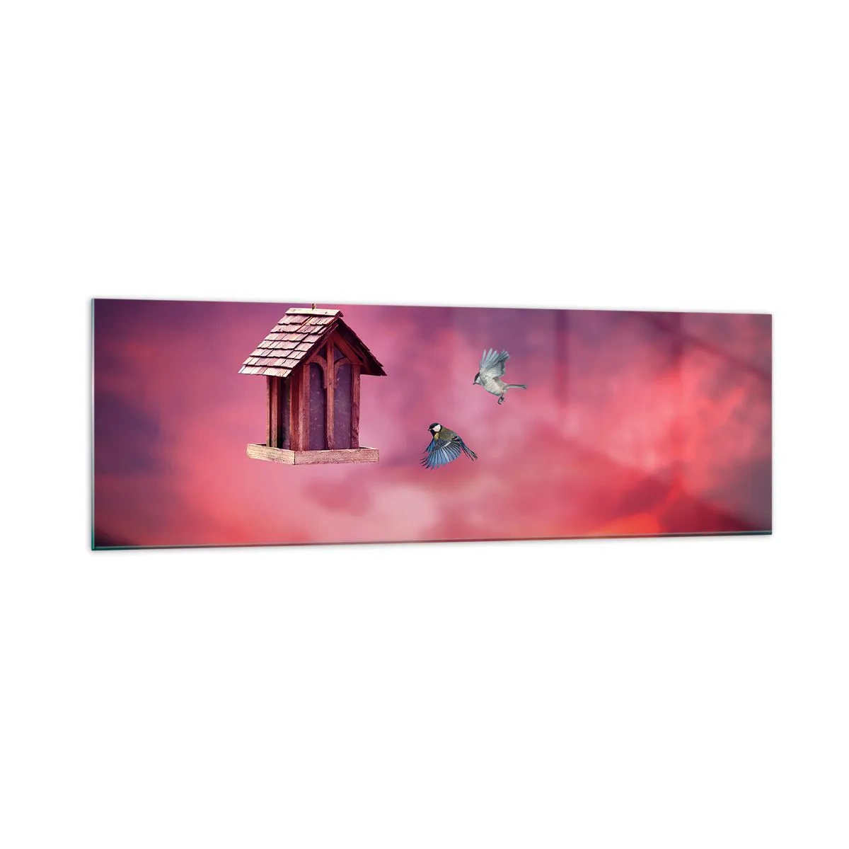 Quadro su vetro - Un paesaggio pittoresco con una casetta per gli uccelli e un tramonto - 160x50cm - Invito a cena - Decorazione murale moderna per soggiorno e camera da letto ARTTOR