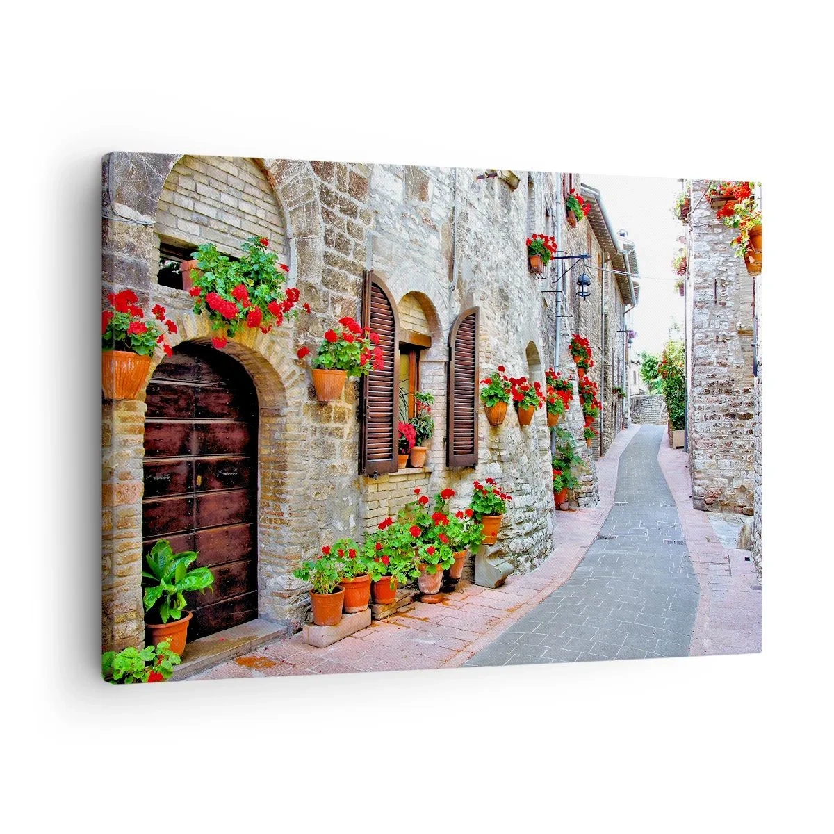 Quadro su tela - Stampe su Tela - Una strada stretta con edifici in pietra decorati con vasi di fiori - 70x50cm - Atmosfera italiana - Decorazione murale moderna per soggiorno e camera da letto ARTTOR