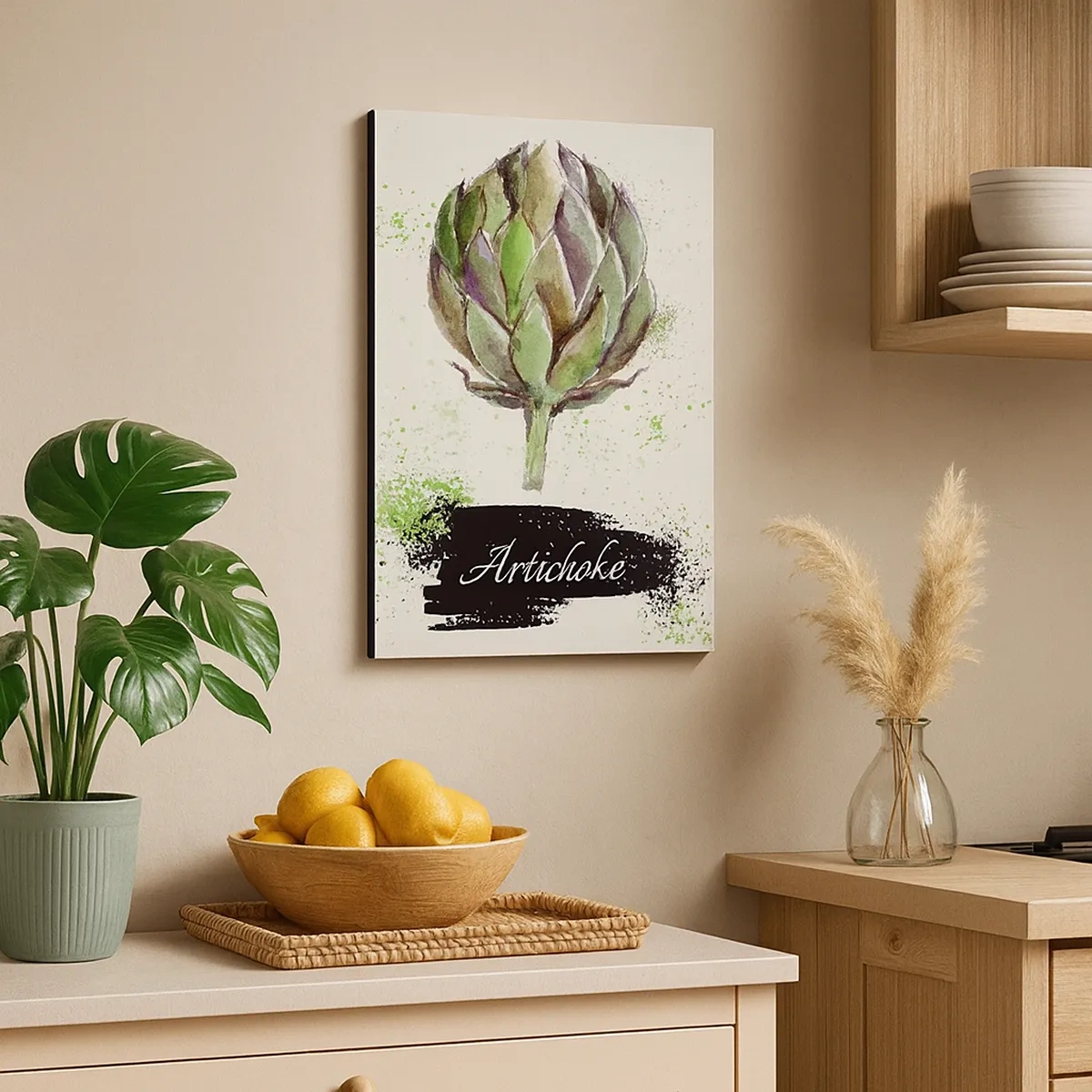 Quadro su tela - Stampe su Tela - Carciofo acquerello con testo su sfondo chiaro con accenti verdi - 50x70cm - Evviva la verdura! - Decorazione murale moderna per soggiorno e camera da letto ARTTOR
