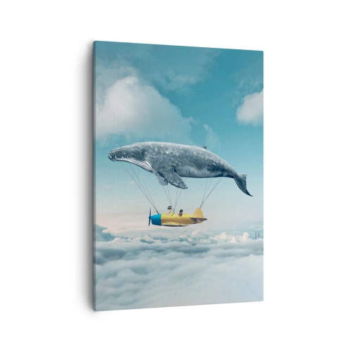 Quadro su tela - Stampe su Tela - Una balena volante trasporta un aereo in un'ambientazione surreale. - 50x70cm - Perché no? - Decorazione murale moderna per soggiorno e camera da letto ARTTOR