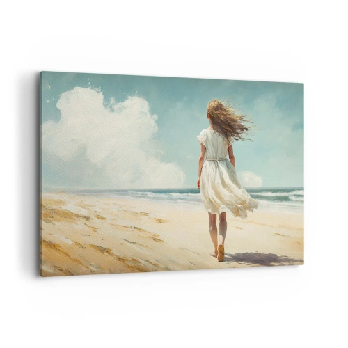 Quadro su tela - Stampe su Tela - Una donna in abito bianco che cammina sulla spiaggia in una giornata di sole - 100x70cm - Dove sole e vento si incontrano - Decorazione murale moderna per soggiorno e camera da letto ARTTOR