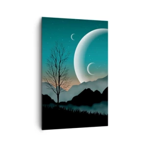 Quadro su tela - Stampe su Tela - Montagne nebbiose con la luna e un albero solitario - 80x120cm - Il carnevale di una notte stellata - Decorazione murale moderna per soggiorno e camera da letto ARTTOR