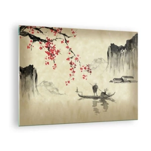 Quadro su vetro - Scena di pesca orientale con ramo di ciliegio in fiore e montagne - 70x50cm - Nel paese dei ciliegi in fiore - Decorazione murale moderna per soggiorno e camera da letto ARTTOR