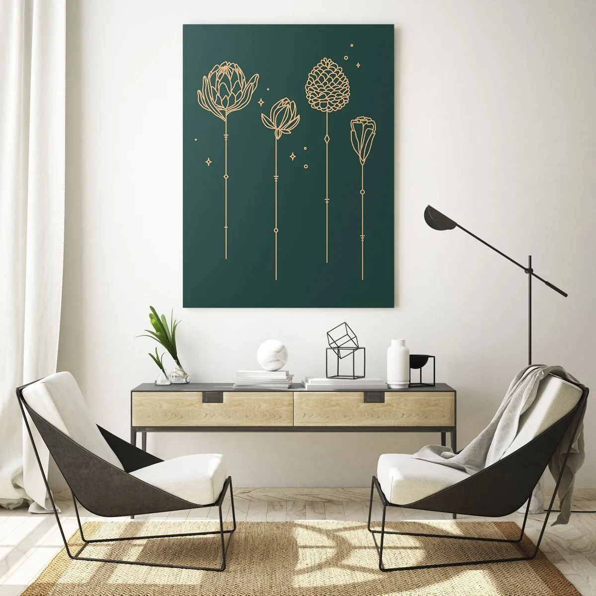 Quadro su vetro - Contorni dorati di erbe e fiori su uno sfondo verde scuro - 50x70cm - La famiglia delle erbe - Decorazione murale moderna per soggiorno e camera da letto ARTTOR