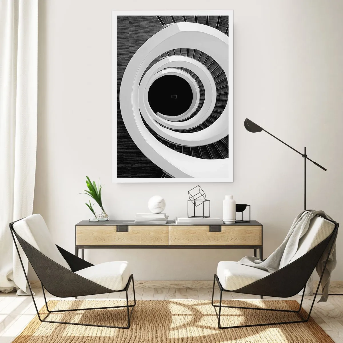Poster - Una scala a chiocciola in bianco e nero con un design astratto - 50x70cm - Verso l'essenza delle cose - Decorazione murale moderna per soggiorno e camera da letto ARTTOR