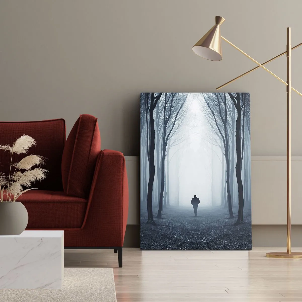 Quadro su tela - Stampe su Tela - Una figura che cammina tra gli alberi in una foresta nebbiosa - 70x100cm - E tutto è semplice e chiaro - Decorazione murale moderna per soggiorno e camera da letto ARTTOR
