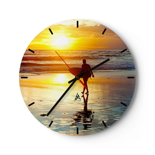 Orologio da parete - Orologio in Vetro - Surfista al tramonto sulla spiaggia - 30x30cm - Il ritorno del guerriero - Decorazione murale moderna per soggiorno, cucina e camera da letto ARTTOR