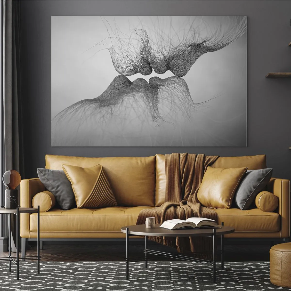Quadro su vetro - Bacio astratto in bianco e nero - 70x50cm - Il bacio del vento - Decorazione murale moderna per soggiorno e camera da letto ARTTOR