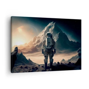 Quadro su tela - Stampe su Tela - Astronauta sullo sfondo di maestose montagne - 70x50cm - Nuova sfida - Decorazione murale moderna per soggiorno e camera da letto ARTTOR
