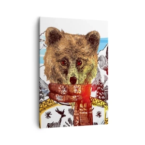 Quadro su tela - Stampe su Tela - Un orso con un maglione e una sciarpa con una casa di montagna sullo sfondo - 70x100cm - La capanna dell'orso - Decorazione murale moderna per soggiorno e camera da letto ARTTOR