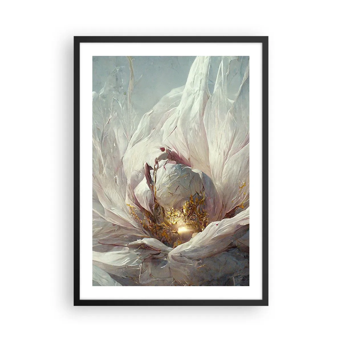 Poster in cornice nera - Una sottile astrazione con motivo floreale in delicate tonalità di bianco e oro. - 50x70cm - Fiorisce ogni cento anni - Decorazione murale moderna per soggiorno e camera da letto ARTTOR
