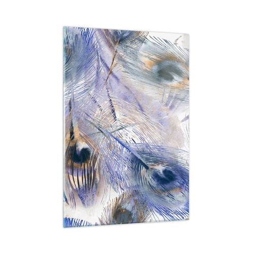 Quadro su vetro - Delicate piume di pavone nelle tonalità del blu e del marrone - 50x70cm - Composizione a occhio di pavone - Decorazione murale moderna per soggiorno e camera da letto ARTTOR