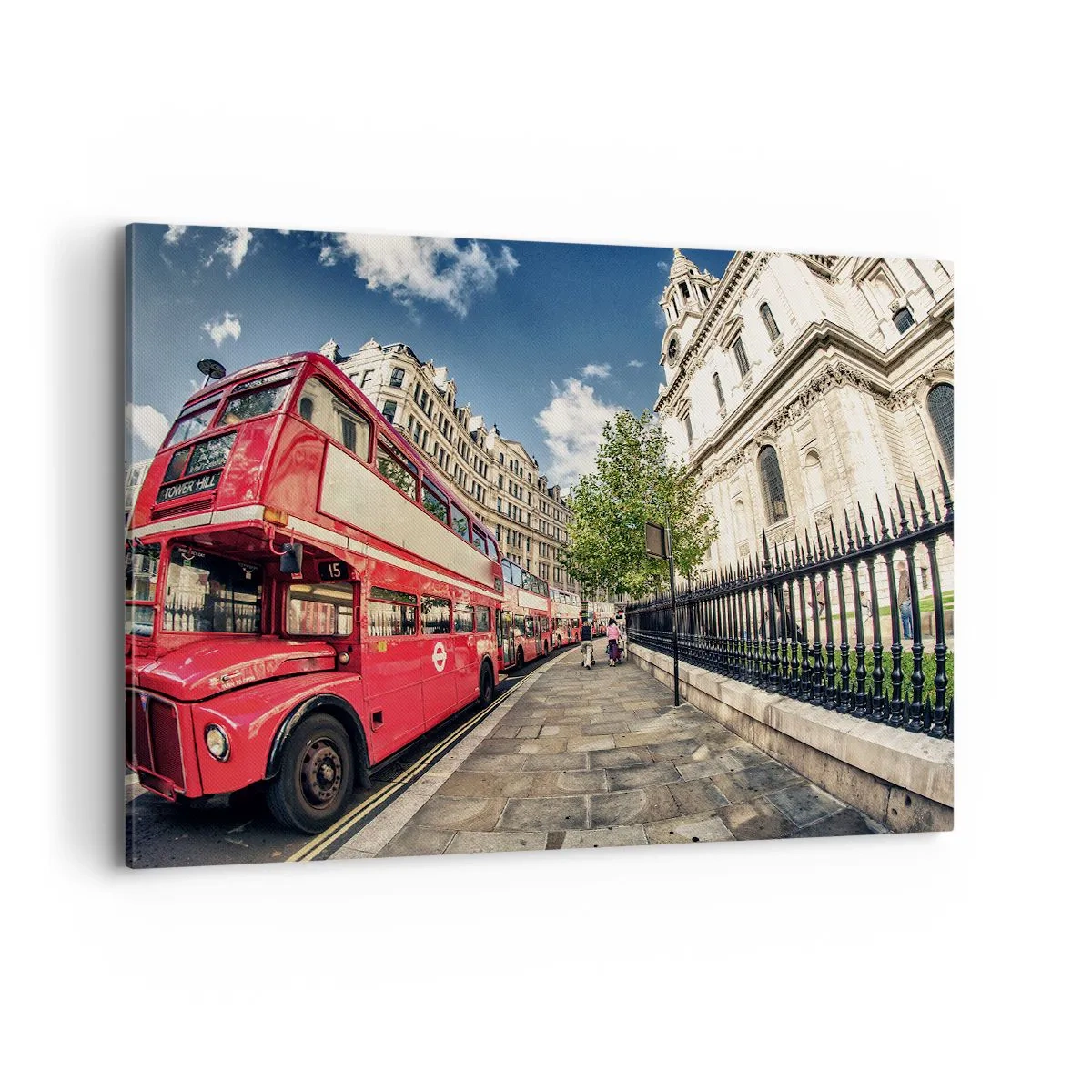 Quadro su tela - Stampe su Tela - Autobus rosso a due piani a Londra vicino alla strada e alla cattedrale - 100x70cm - Via di Londra in grigio e rosso - Decorazione murale moderna per soggiorno e camera da letto ARTTOR
