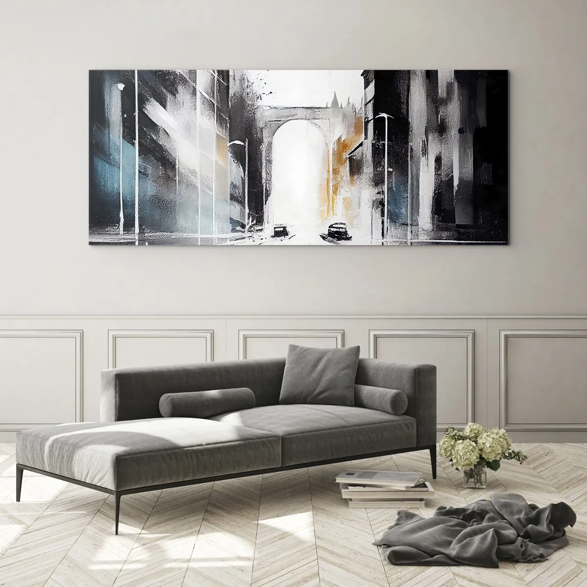 Quadro su vetro - Panorama astratto della città con un ponte ad arco - 160x50cm - Studio di città: architettura e movimento - Decorazione murale moderna per soggiorno e camera da letto ARTTOR