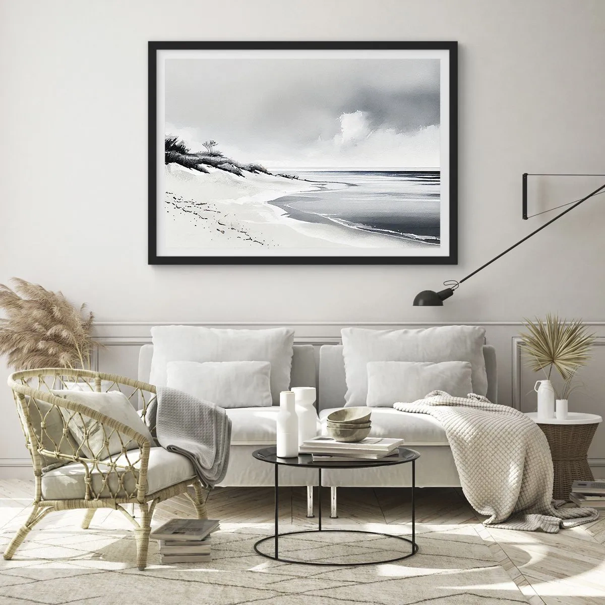 Poster in cornice nera - Una spiaggia dalle tenui tonalità di grigio e blu - 70x50cm - Insieme da sempre - Decorazione murale moderna per soggiorno e camera da letto ARTTOR