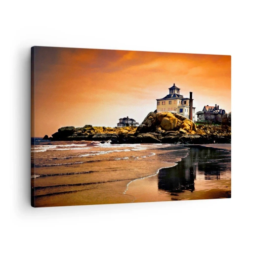 Quadro su tela - Stampe su Tela - Una casa su una roccia vicino alla spiaggia al tramonto con il suo riflesso nell'acqua - 70x50cm - L'eleganza della costa ovest - Decorazione murale moderna per soggiorno e camera da letto ARTTOR