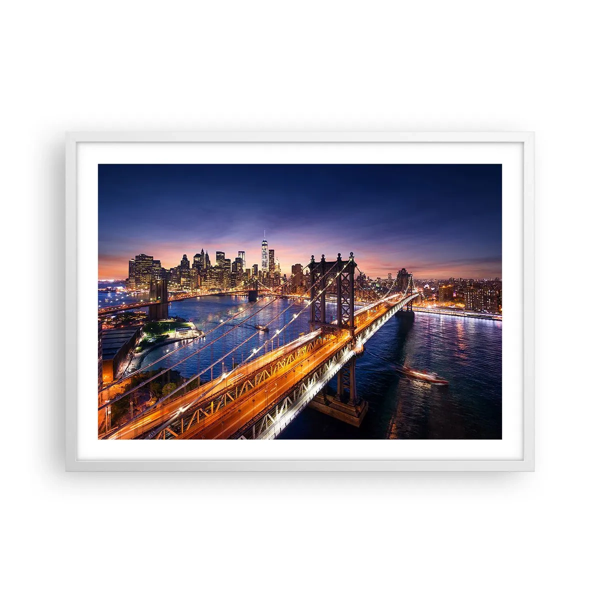 Poster in cornice bianca - Il ponte luminoso fino al cuore della città - 70x50 cm