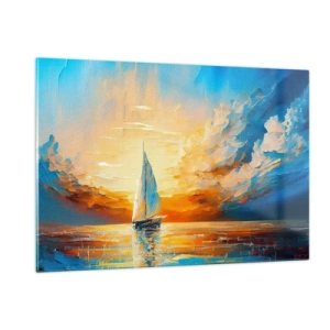 Quadro su vetro - Una barca a vela in mare alla luce del sole al tramonto - 120x80cm - Navigando nell'oro - Decorazione murale moderna per soggiorno e camera da letto ARTTOR