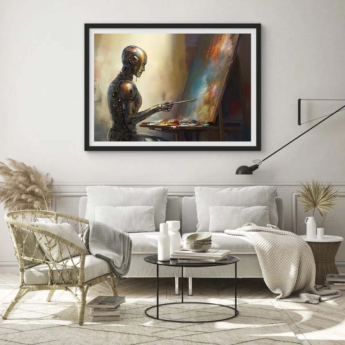 Poster in cornice nera - Un robot che dipinge su una tela in stile artistico - 70x50cm - L'arte del futuro - Decorazione murale moderna per soggiorno e camera da letto ARTTOR
