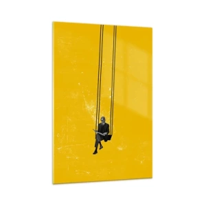 Quadro su vetro - Una persona su un'altalena su uno sfondo di un giallo intenso - 70x100cm - Un giorno come tanti - Decorazione murale moderna per soggiorno e camera da letto ARTTOR