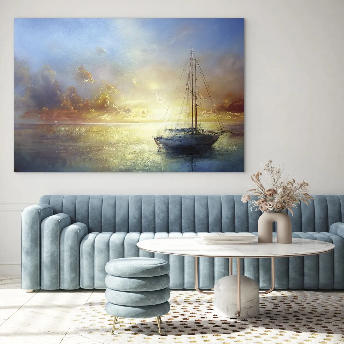 Quadro su vetro - Una barca a vela su un mare calmo al tramonto dorato - 100x70cm - Nella baia dorata - Decorazione murale moderna per soggiorno e camera da letto ARTTOR