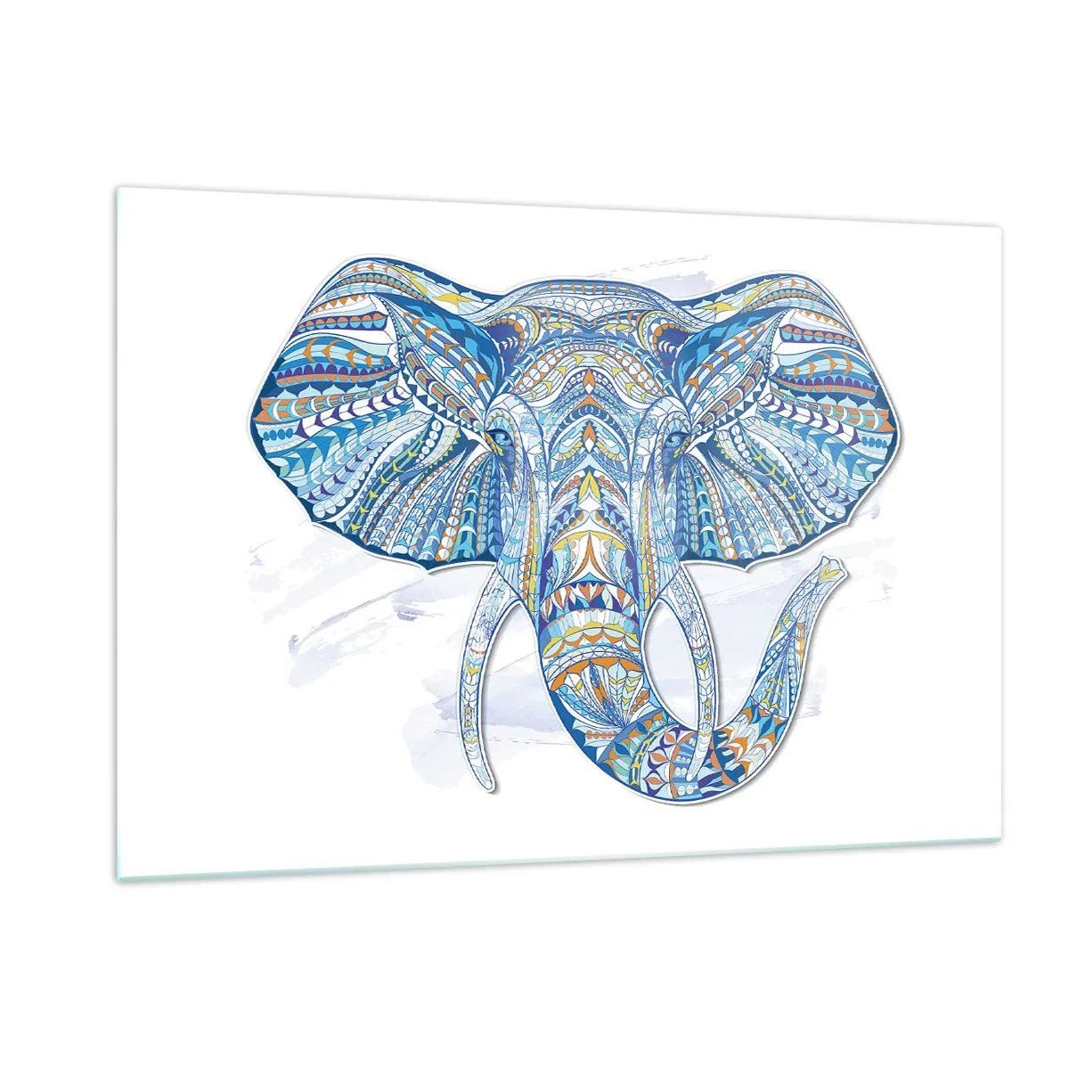 Quadro su vetro - Elefante blu in stile artistico con motivi geometrici - 120x80cm - Intarsiato con oro e blu - Decorazione murale moderna per soggiorno e camera da letto ARTTOR