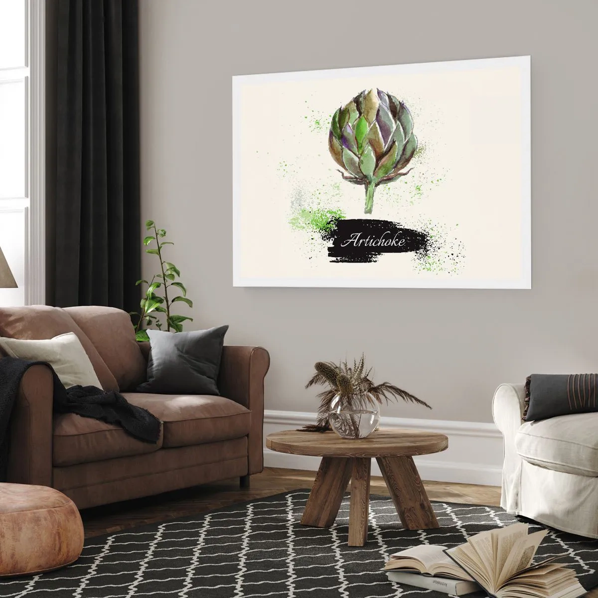 Poster - Carciofo acquerello con testo su sfondo chiaro con accenti verdi - 100x70cm - Evviva la verdura! - Decorazione murale moderna per soggiorno e camera da letto ARTTOR