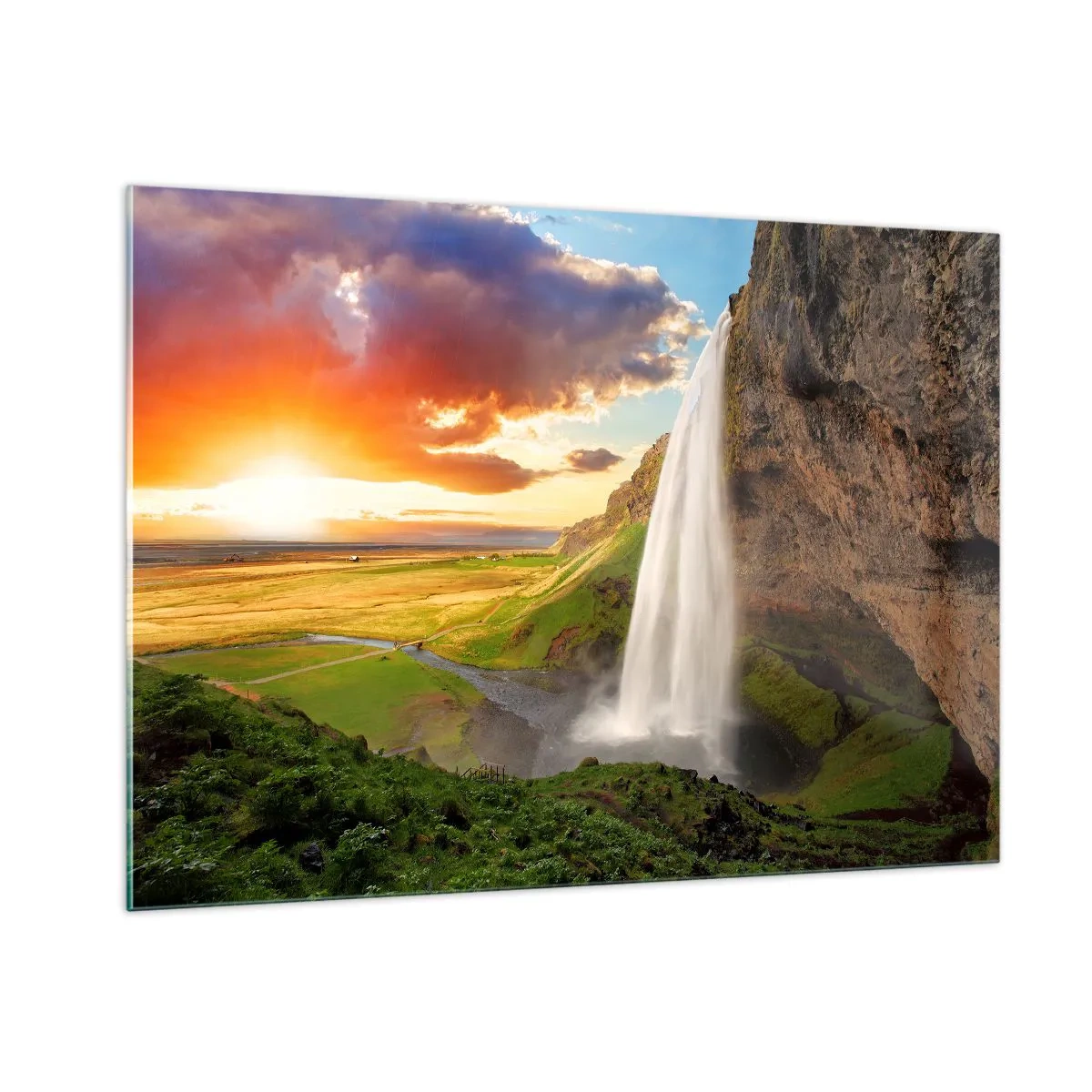 Quadro su vetro - Cascata islandese sotto i raggi del sole al tramonto - 100x70cm - Nel mezzo dell'estate islandese - Decorazione murale moderna per soggiorno e camera da letto ARTTOR