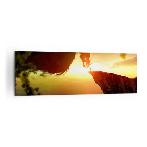 Quadro su tela - Stampe su Tela - Un drago e un uomo su una roccia al chiarore del sole al tramonto - 160x50cm - Il cacciatore di draghi - Decorazione murale moderna per soggiorno e camera da letto ARTTOR