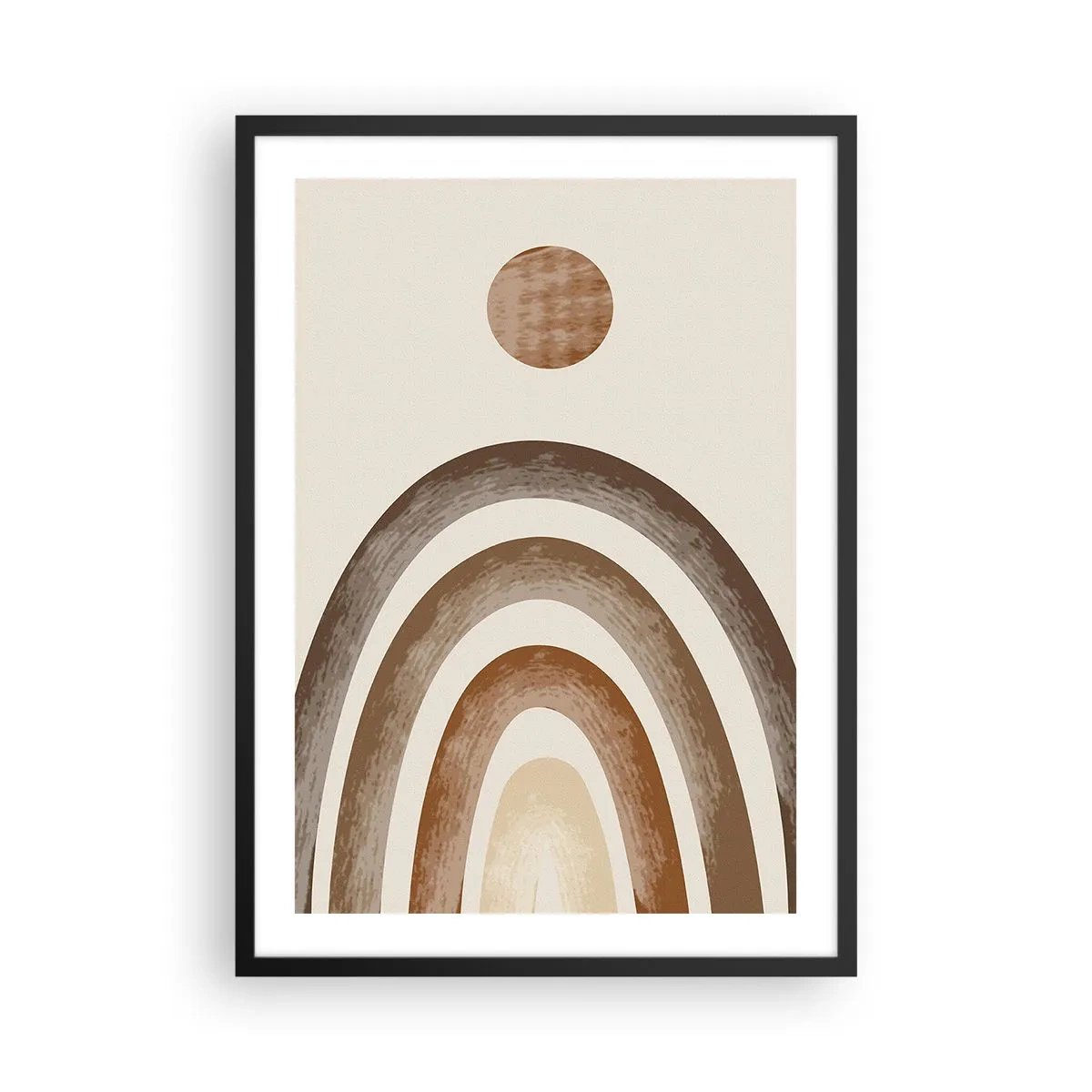 Poster in cornice nera - Motivo astratto di archi e sole nei toni della terra - 50x70cm - In una galassia lontana - Decorazione murale moderna per soggiorno e camera da letto ARTTOR