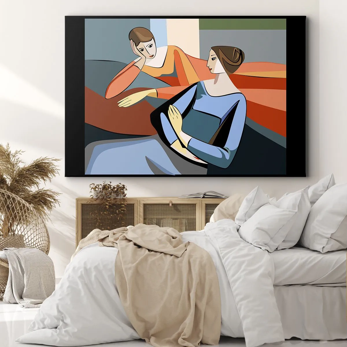 Quadro su tela - Stampe su Tela - Illustrazione astratta di due donne in stile cubista - 100x70cm - Il momento delle confidenze - Decorazione murale moderna per soggiorno e camera da letto ARTTOR