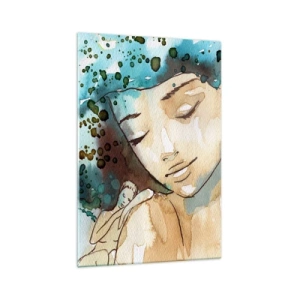Quadro su vetro - Ritratto di una donna in delicati colori ad acquerello - 70x100cm - Lady in blue - Decorazione murale moderna per soggiorno e camera da letto ARTTOR