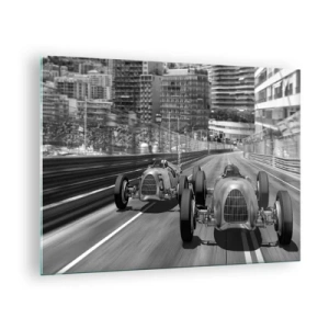 Quadro su vetro - Gara automobilistica storica in bianco e nero - 70x50cm - Tanto tempo fa a Montecarlo - Decorazione murale moderna per soggiorno e camera da letto ARTTOR