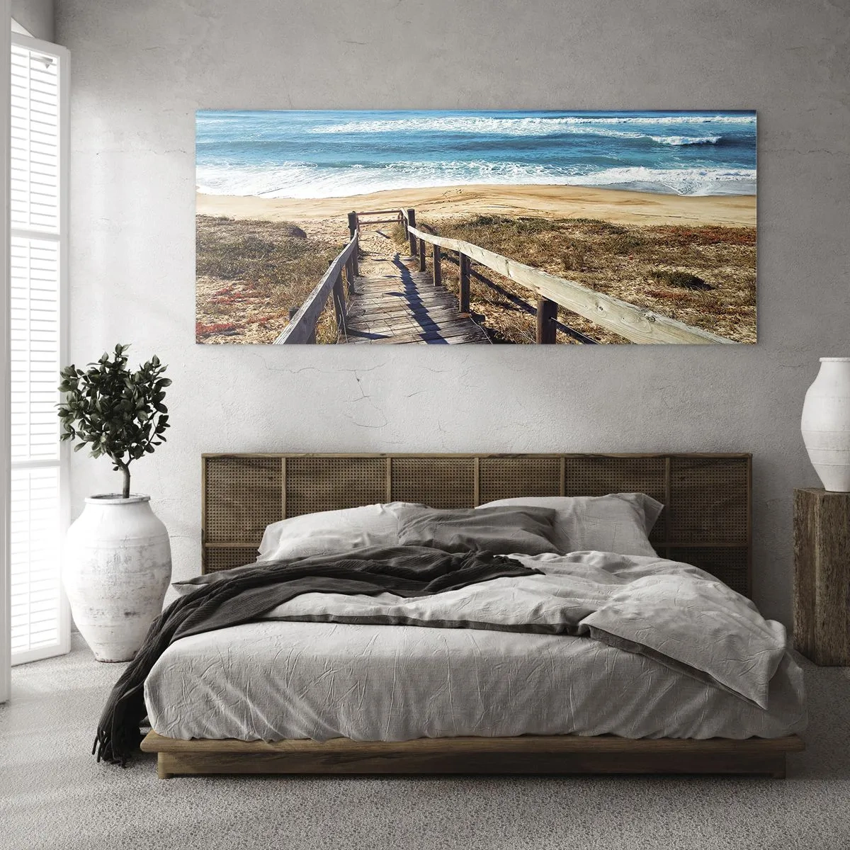 Quadro su vetro - Sentiero in legno che conduce alla spiaggia - 120x50cm - Corri! - Decorazione murale moderna per soggiorno e camera da letto ARTTOR
