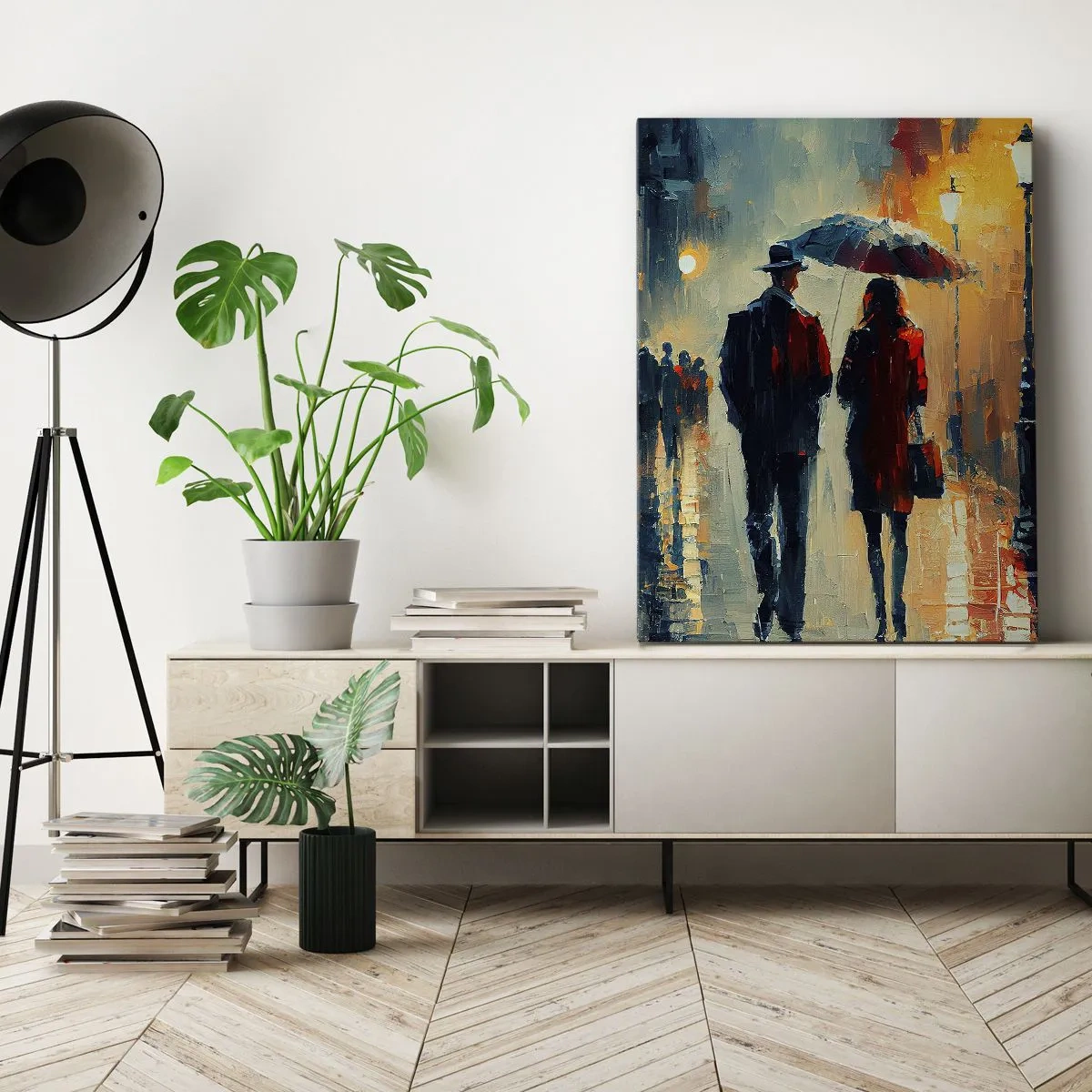 Quadro su tela - Stampe su Tela - Camminare sotto la pioggia sotto un ombrello in città di notte - 50x70cm - Love story cittadina - Decorazione murale moderna per soggiorno e camera da letto ARTTOR