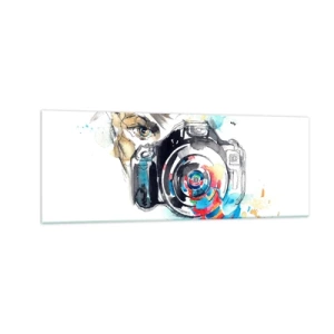 Quadro su vetro - Macchina fotografica ad acquerello con dettagli colorati - 140x50cm - Nell'occhio dell'obiettivo - Decorazione murale moderna per soggiorno e camera da letto ARTTOR