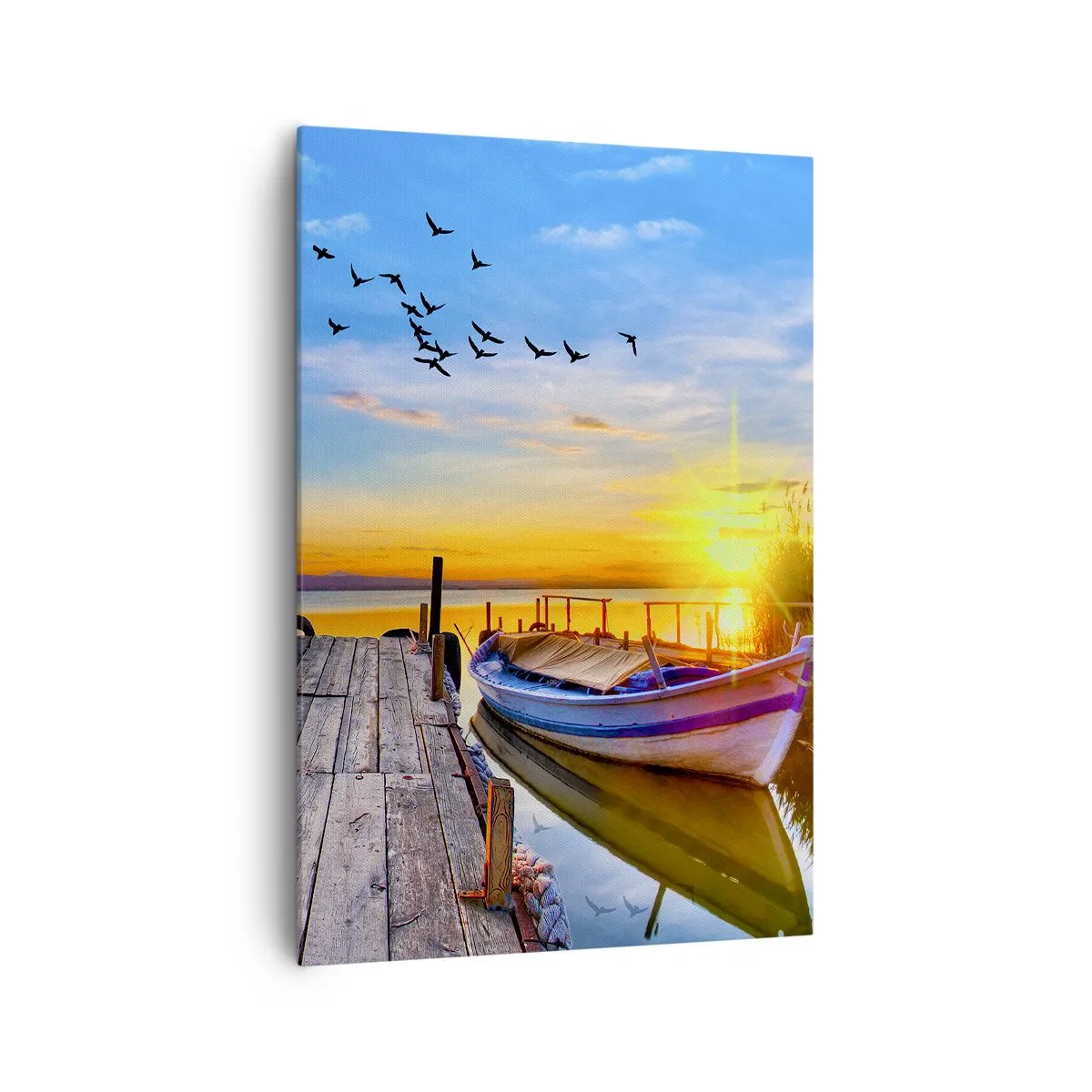 Quadro su tela - Stampe su Tela - Una barca su un molo di legno al tramonto - 70x100cm - A domani - Decorazione murale moderna per soggiorno e camera da letto ARTTOR