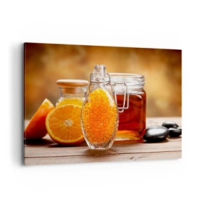 Quadro su tela - Stampe su Tela - Una bottiglia di liquido ambrato e arance fresche - 100x70cm - Il gusto e l'aroma del sole - Decorazione murale moderna per soggiorno e camera da letto ARTTOR