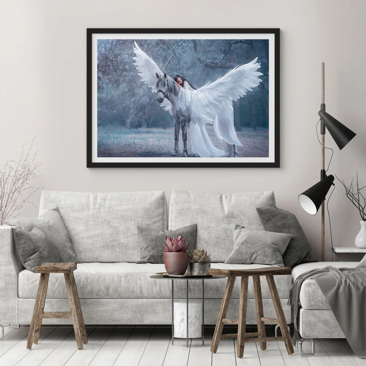 Poster in cornice nera - Una donna su un cavallo bianco con le ali in una foresta magica - 70x50cm - Momento ispirato - Decorazione murale moderna per soggiorno e camera da letto ARTTOR