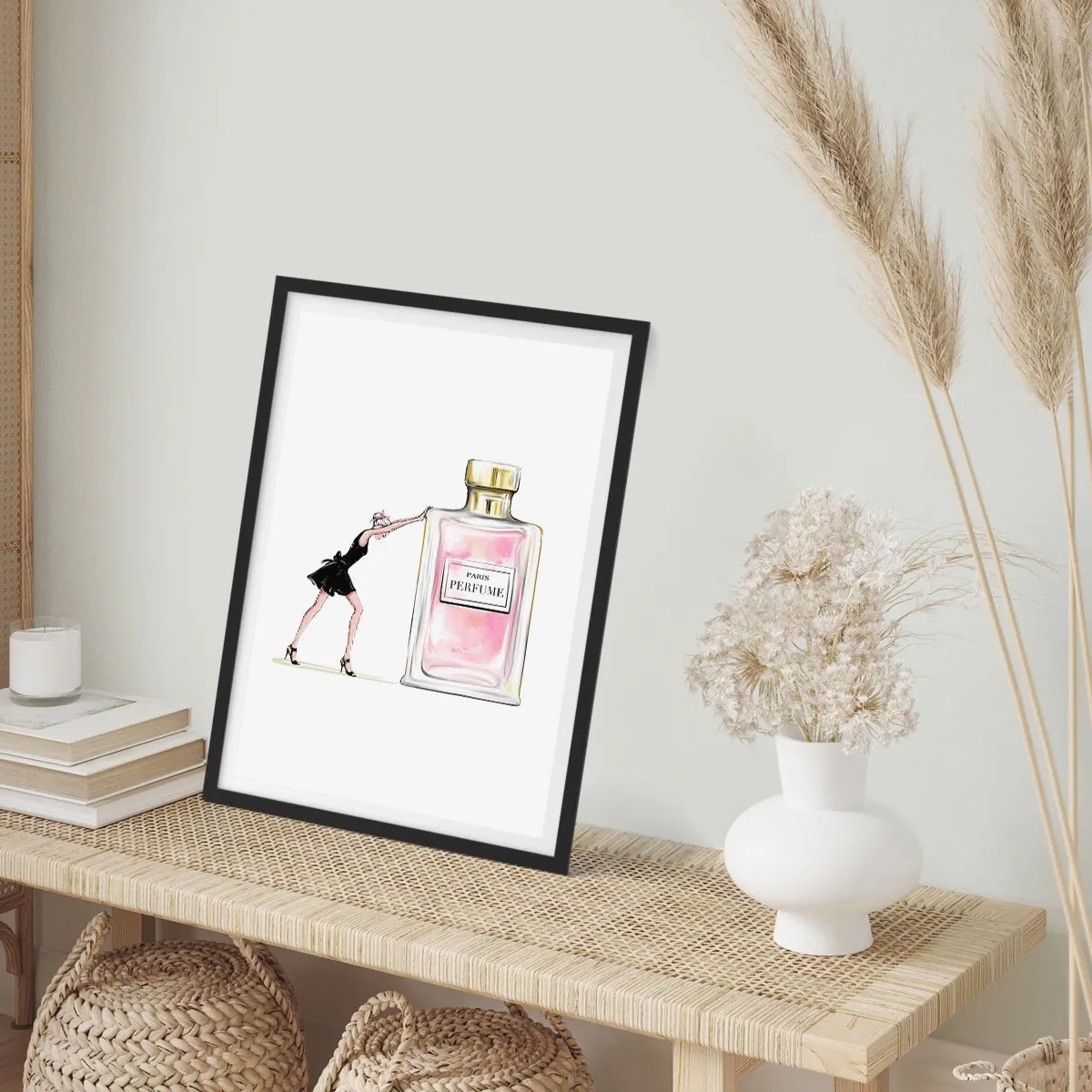 Poster in cornice nera - Illustrazione di una bottiglia di profumo con la silhouette di una donna in abito - 50x70cm - L'essenza della femminilità - Decorazione murale moderna per soggiorno e camera da letto ARTTOR
