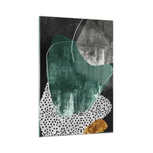 Quadro su vetro - Composizione astratta con forme verdi e motivi a pois - 70x100cm - Astrazione colorata con petalo d'oro - Decorazione murale moderna per soggiorno e camera da letto ARTTOR